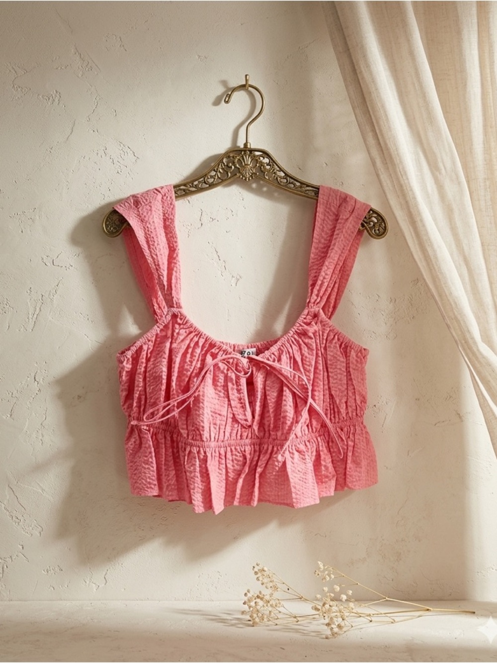 Ciao Lucia Cinetta Crop Top Melon Pink Seersucker Ruffle Medium NWT